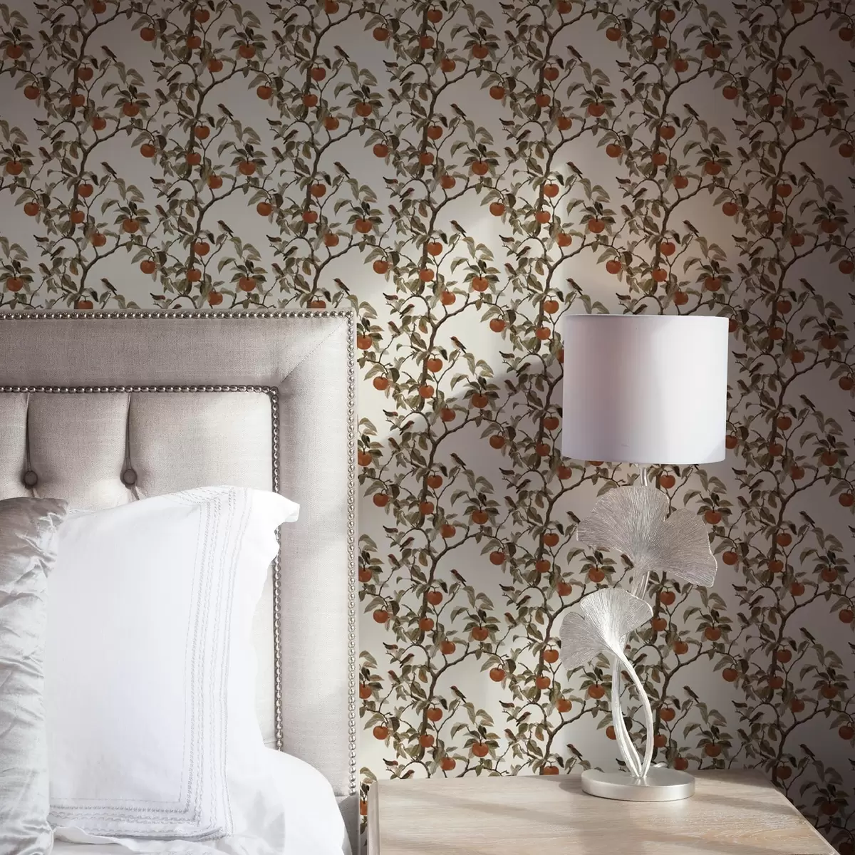 Papel de parede Pássaros e laranjas em ramos, botânica vintage a00208