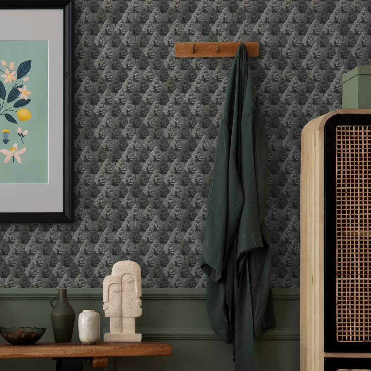 Papel de parede Padrão geométrico de floresta com árvores em tons de verde a00209