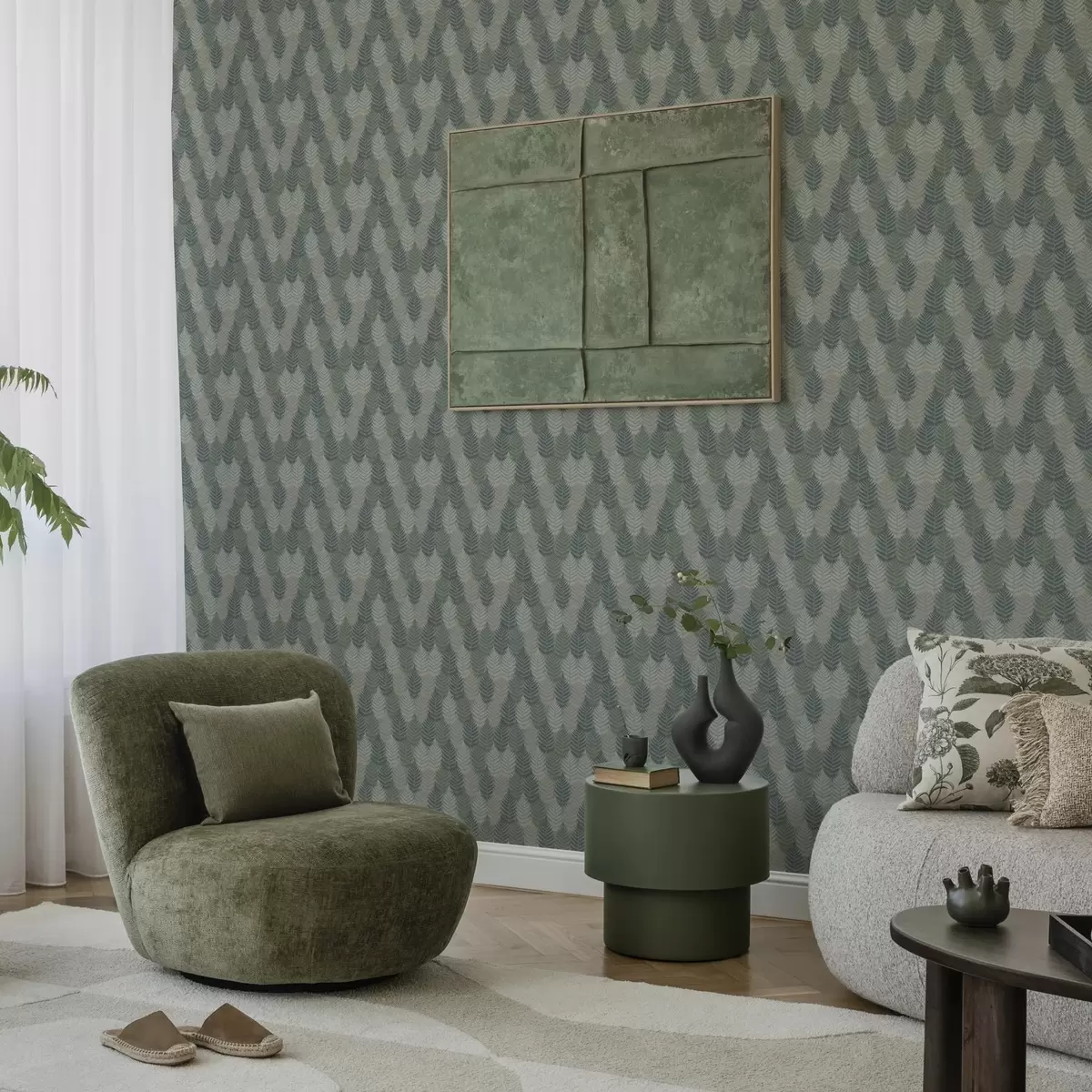 Papel de parede Folhas de feto, padrão geométrico, cores verde e azul a00211