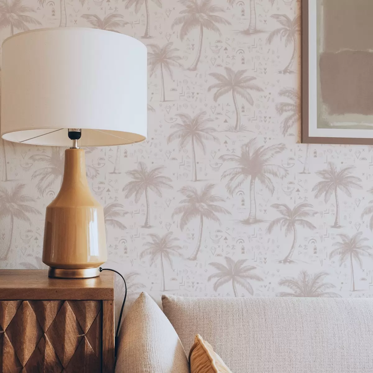 Papel de parede Palmeiras com símbolos étnicos, tom rosa pastel a00213