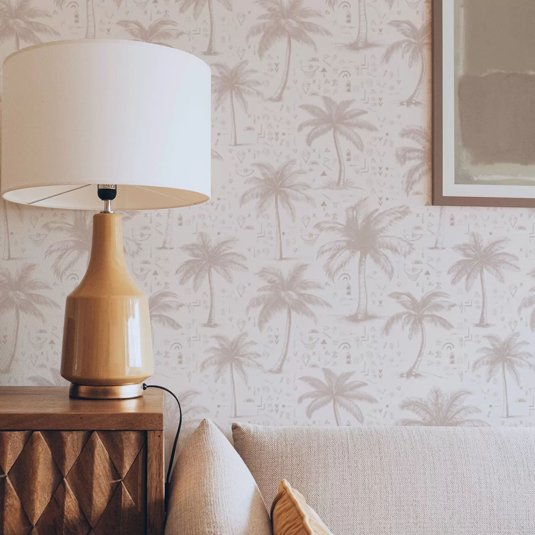 murais de parede Palmeiras com símbolos étnicos, tom rosa pastel a00213