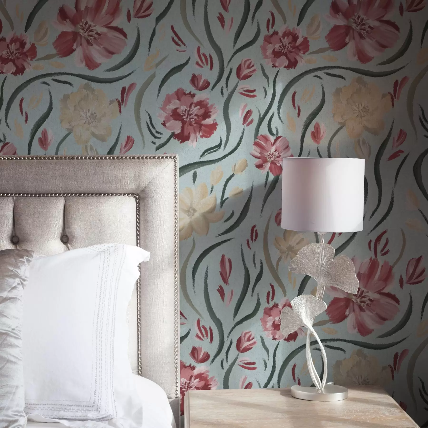 murais de parede Flores em aguarela sobre um fundo azul, padrão vermelho e bege a00216