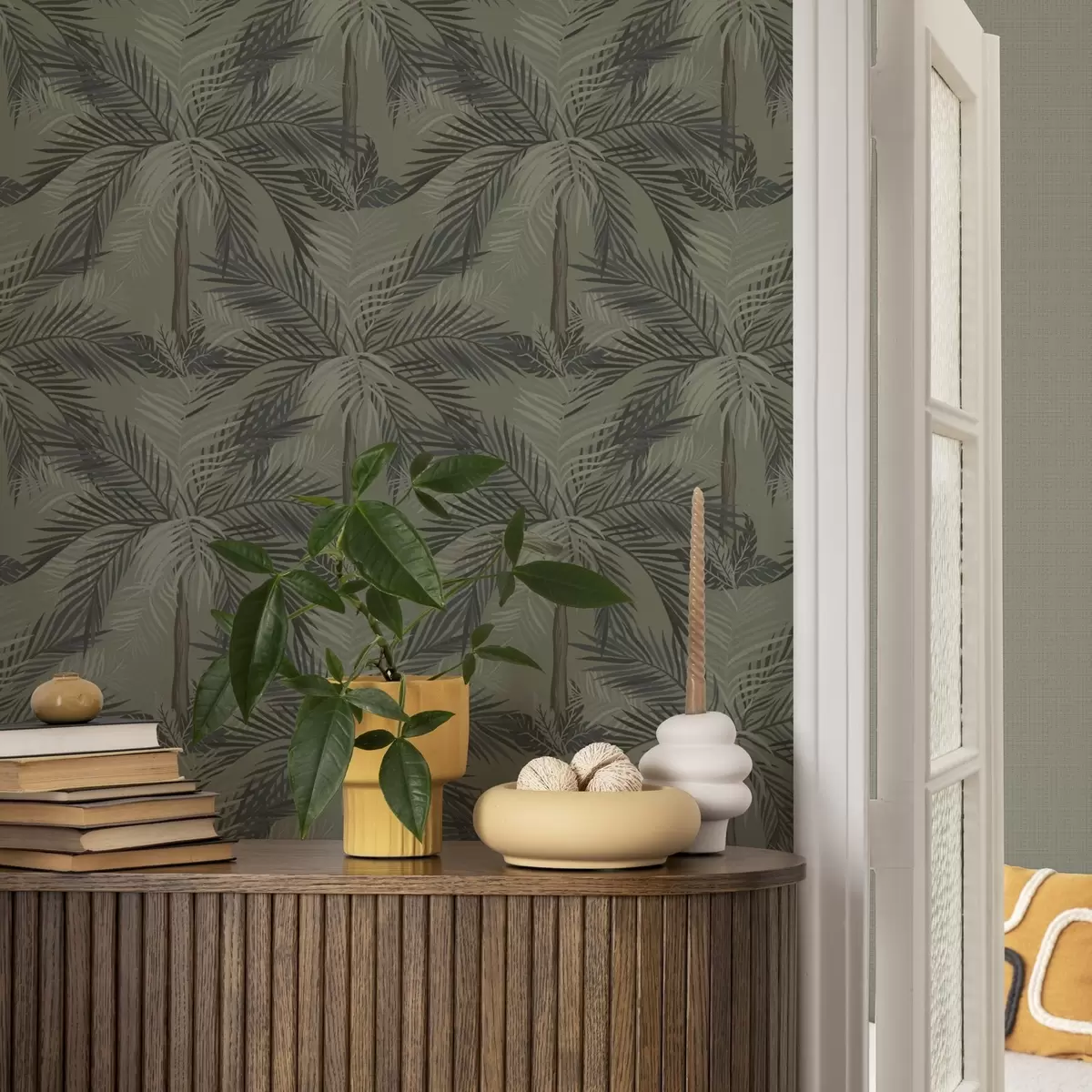Papel de parede Folhas de palmeira sobre fundo de oliveira, selva, trópicos a00217