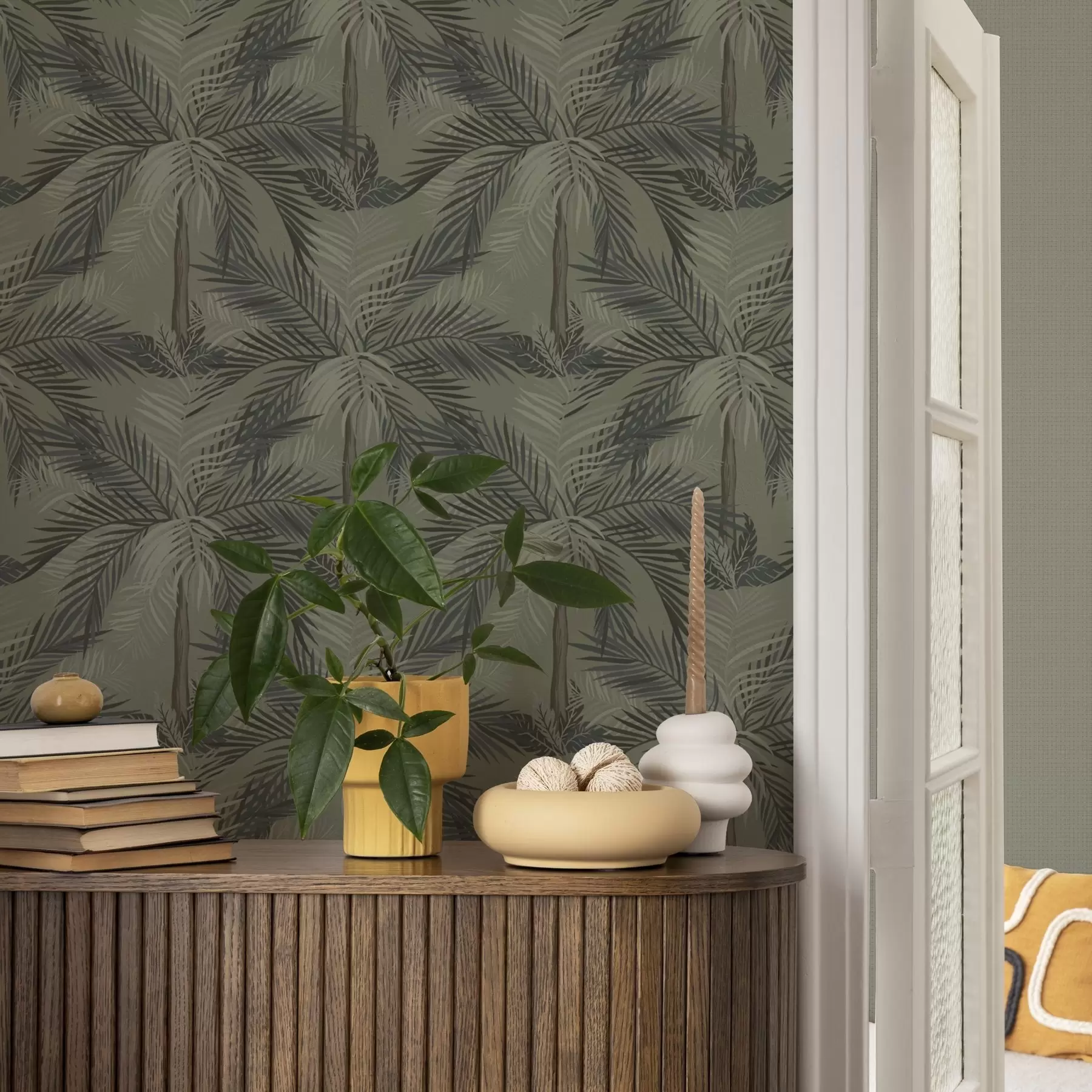 murais de parede Folhas de palmeira sobre fundo de oliveira, selva, trópicos a00217