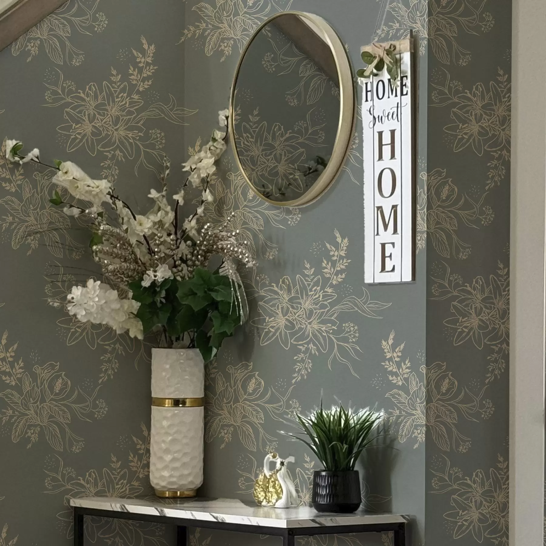 murais de parede Flores de contorno sobre fundo cinzento-azulado, padrão botânico elegante a00226