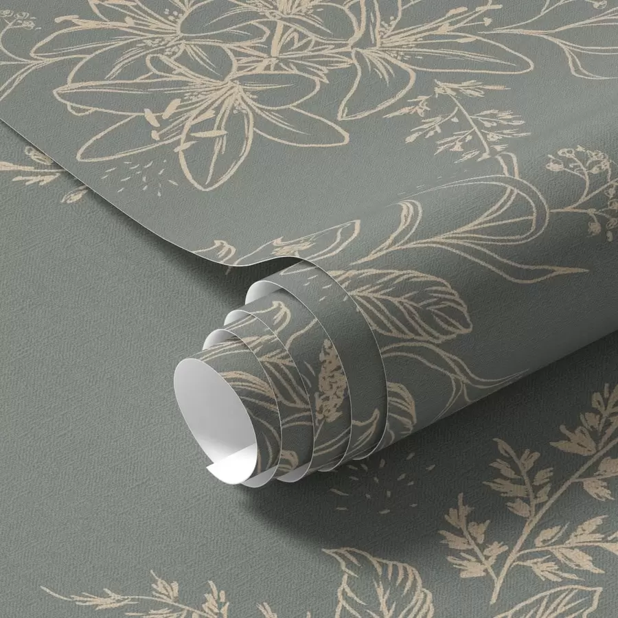 murais de parede Flores de contorno sobre fundo cinzento-azulado, padrão botânico elegante a00226