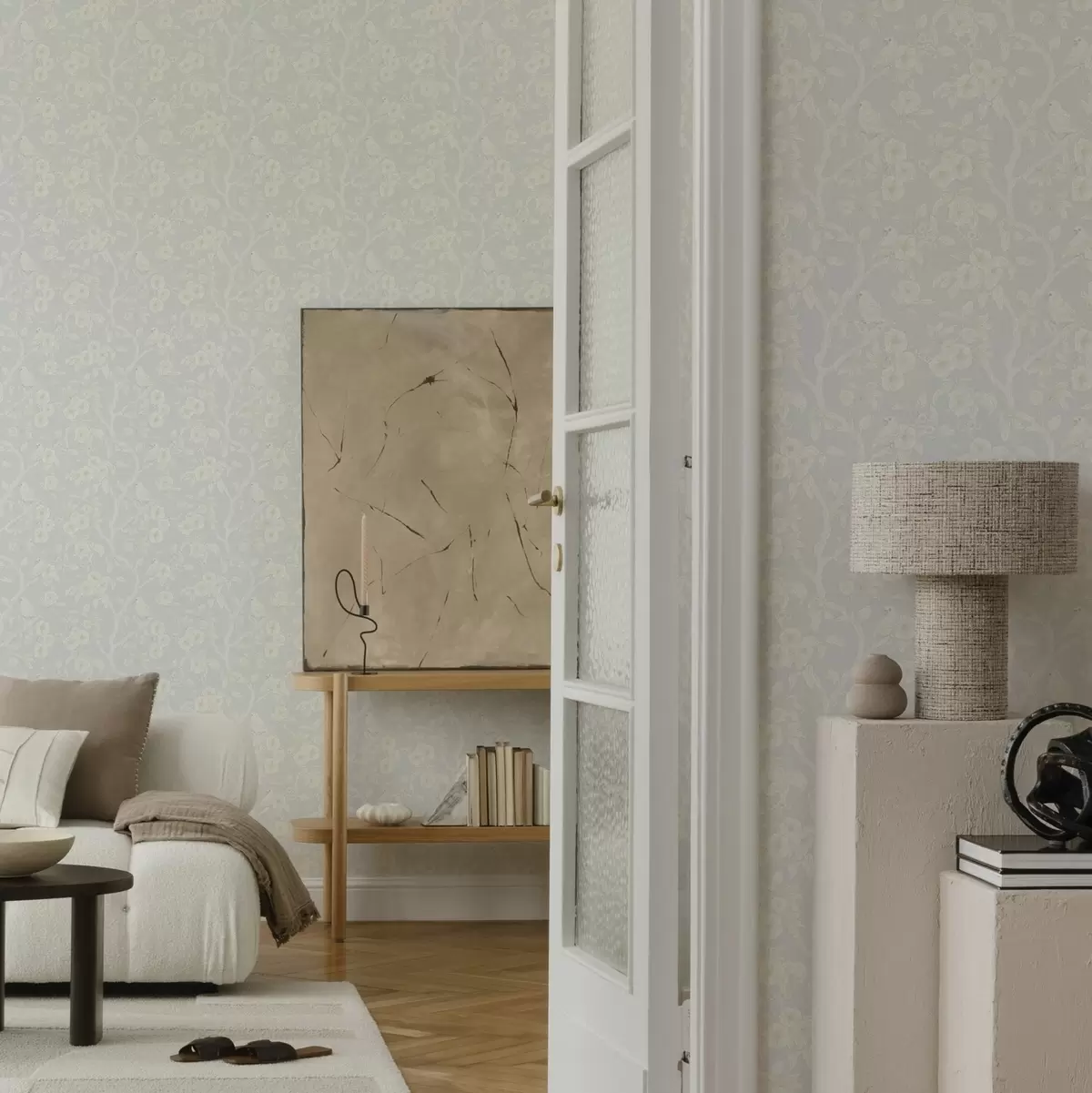 Papel de parede Padrão ligeiro de pássaros em ramos, paleta de tons pastel, clássico a00230