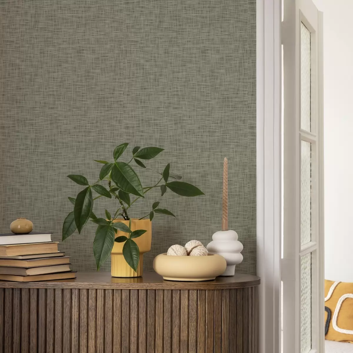 Papel de parede Textura de tecido cinzento-verde, padrão de grelha de linho a00235