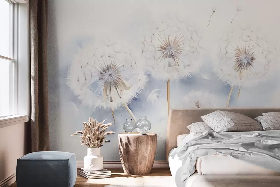 murais de parede Dentes-de-leão texturizados com sementes a flutuar no ar, fundo azul claro e branco, estilo de desenho suave e delicado w09190