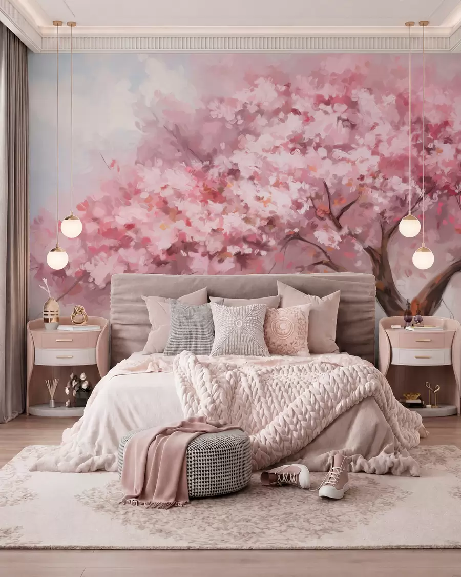 murais de parede Árvore abstrata de flores cor-de-rosa em plena floração, junto a um rio, com pinceladas de textura suave e cores pastel w09193