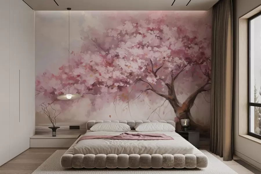 murais de parede Árvore abstrata de flores cor-de-rosa em plena floração, junto a um rio, com pinceladas de textura suave e cores pastel w09193
