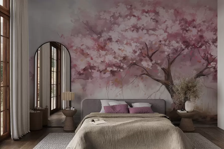 murais de parede Árvore abstrata de flores cor-de-rosa em plena floração, junto a um rio, com pinceladas de textura suave e cores pastel w09193