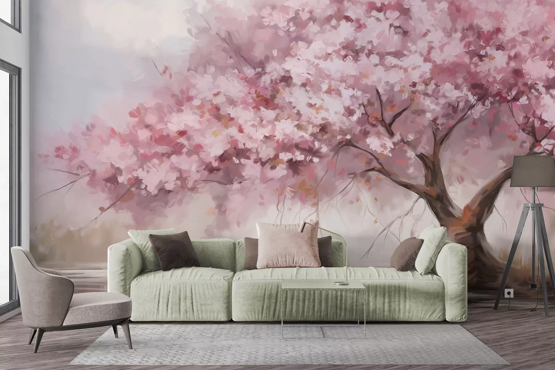 murais de parede Árvore abstrata de flores cor-de-rosa em plena floração, junto a um rio, com pinceladas de textura suave e cores pastel w09193