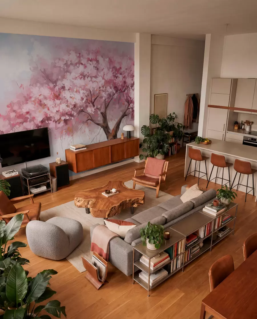 murais de parede Árvore abstrata de flores cor-de-rosa em plena floração, junto a um rio, com pinceladas de textura suave e cores pastel w09193