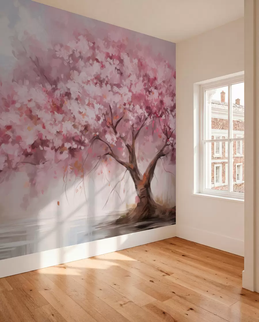 murais de parede Árvore abstrata de flores cor-de-rosa em plena floração, junto a um rio, com pinceladas de textura suave e cores pastel w09193