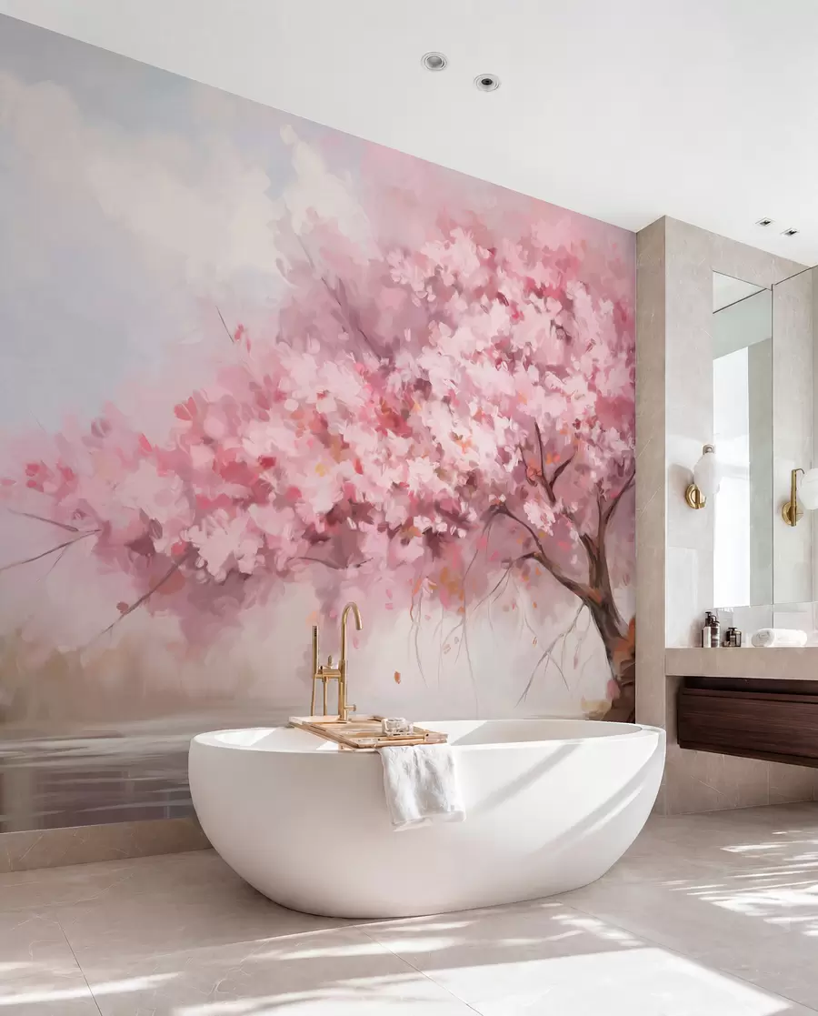 murais de parede Árvore abstrata de flores cor-de-rosa em plena floração, junto a um rio, com pinceladas de textura suave e cores pastel w09193