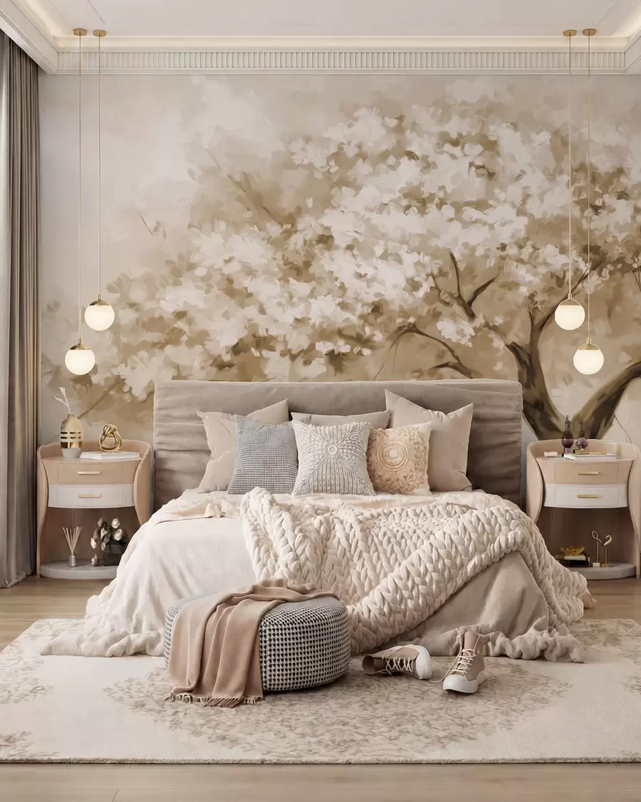 murais de parede Árvore em flor bege abstrata em plena floração, junto a um rio, com pinceladas de textura suave e cores pastel w09193v1