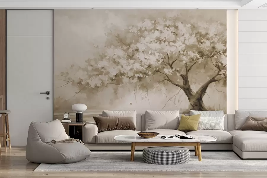 murais de parede Árvore em flor bege abstrata em plena floração, junto a um rio, com pinceladas de textura suave e cores pastel w09193v1