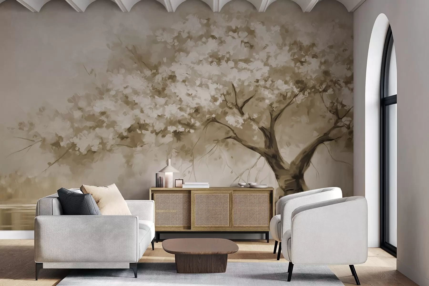 murais de parede Árvore em flor bege abstrata em plena floração, junto a um rio, com pinceladas de textura suave e cores pastel w09193v1