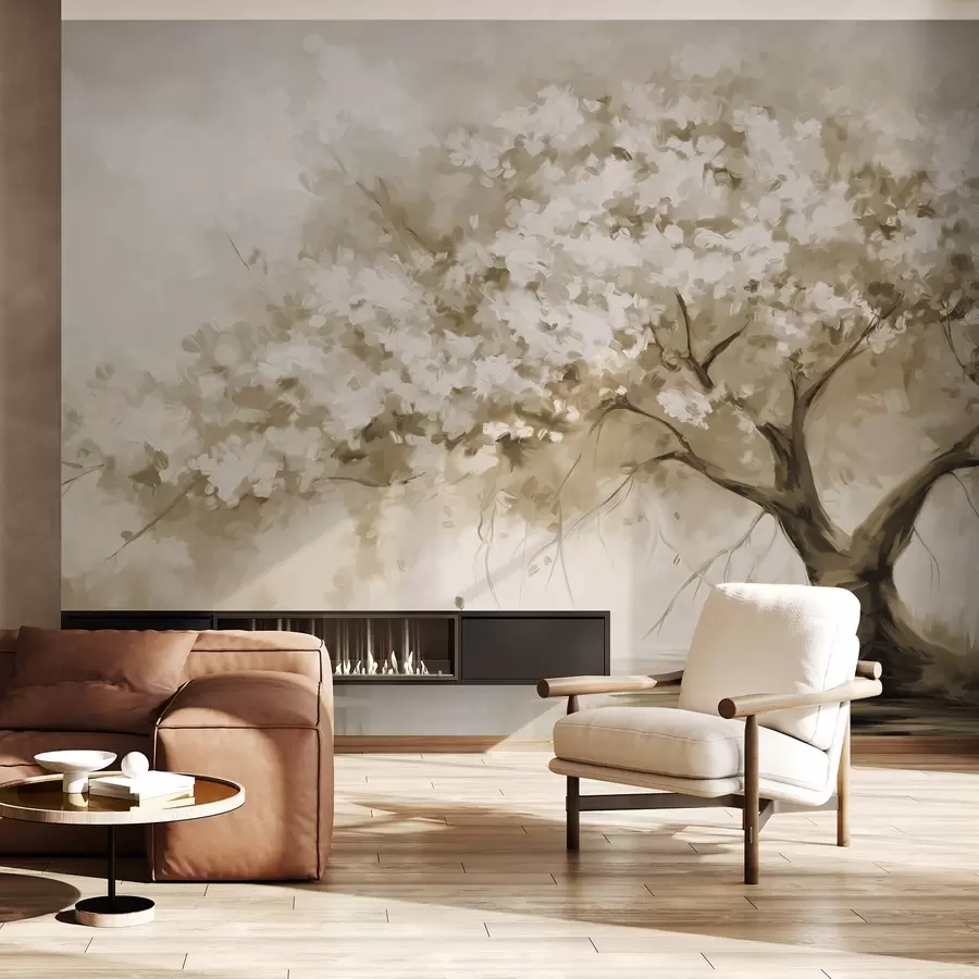 murais de parede Árvore em flor bege abstrata em plena floração, junto a um rio, com pinceladas de textura suave e cores pastel w09193v1