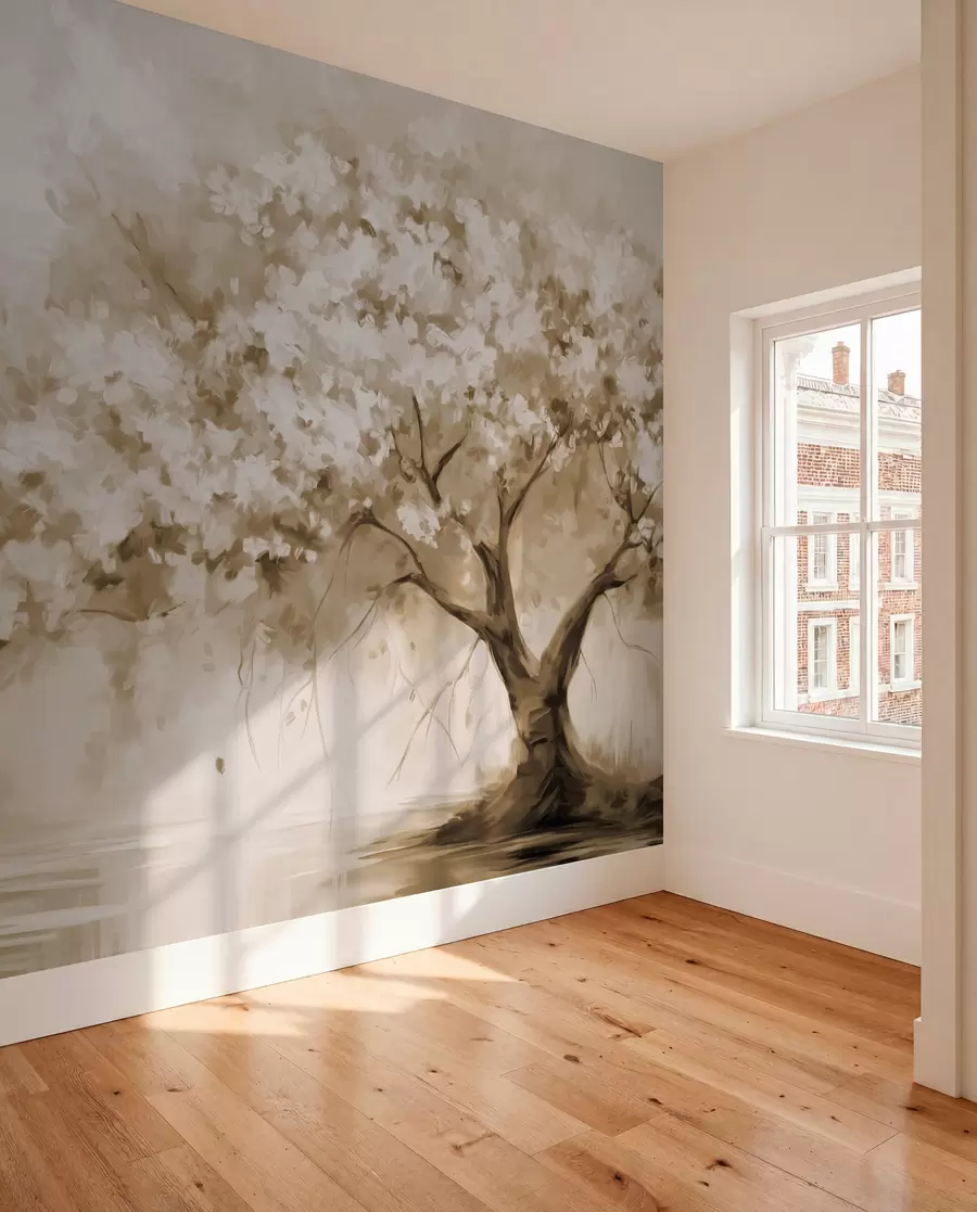 murais de parede Árvore em flor bege abstrata em plena floração, junto a um rio, com pinceladas de textura suave e cores pastel w09193v1