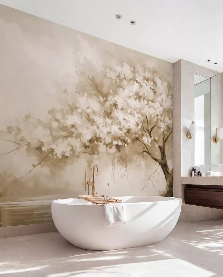 murais de parede Árvore em flor bege abstrata em plena floração, junto a um rio, com pinceladas de textura suave e cores pastel w09193v1