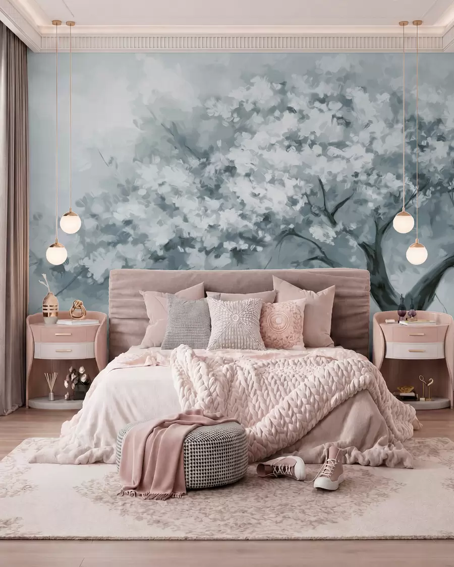 murais de parede Árvore abstrata de flores azuis silenciosas em plena floração, junto a um rio, com pinceladas de textura suave e cores pastel w09193v2