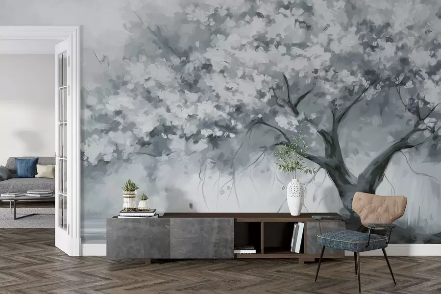 murais de parede Árvore abstrata de flores azuis silenciosas em plena floração, junto a um rio, com pinceladas de textura suave e cores pastel w09193v2
