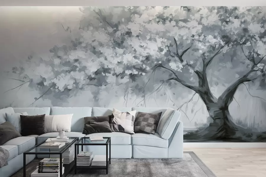 murais de parede Árvore abstrata de flores azuis silenciosas em plena floração, junto a um rio, com pinceladas de textura suave e cores pastel w09193v2