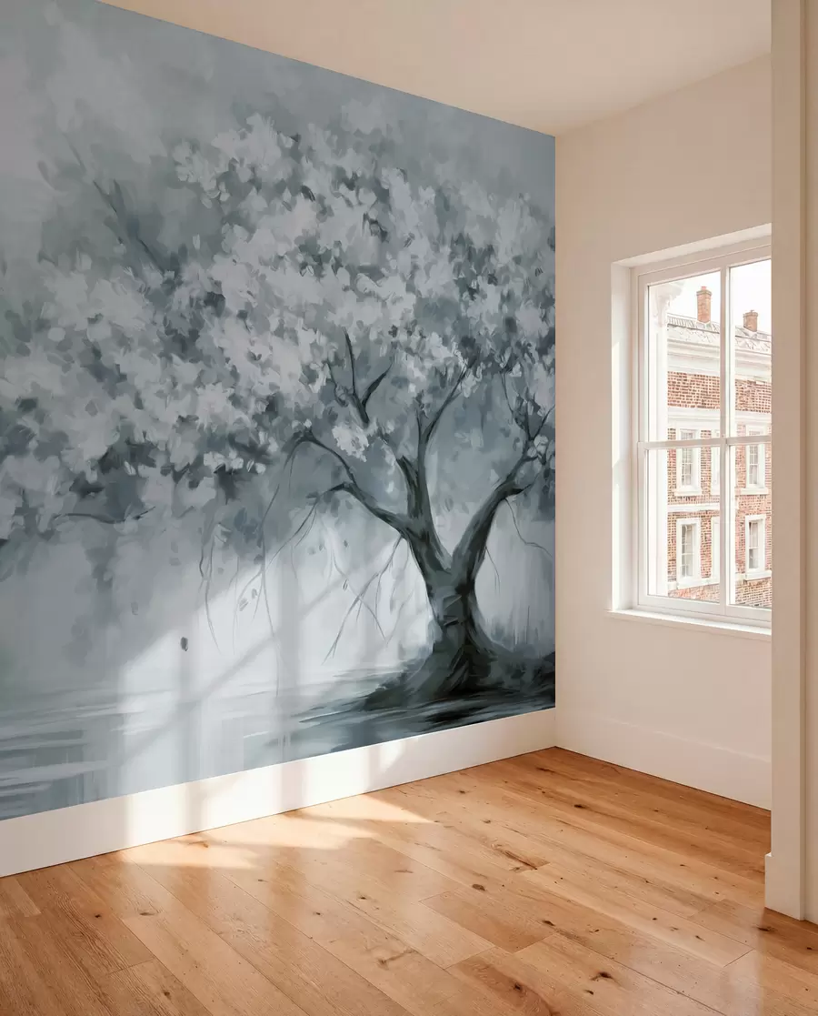 murais de parede Árvore abstrata de flores azuis silenciosas em plena floração, junto a um rio, com pinceladas de textura suave e cores pastel w09193v2