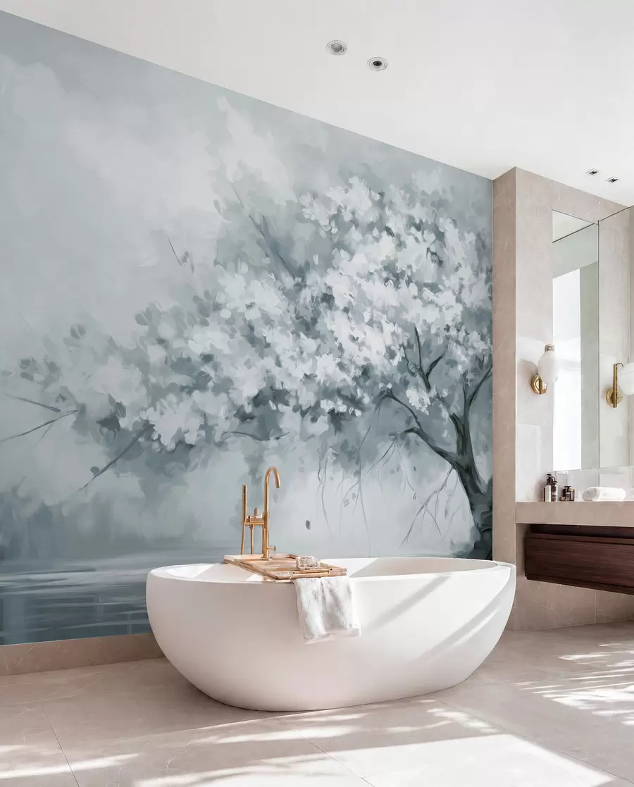 murais de parede Árvore abstrata de flores azuis silenciosas em plena floração, junto a um rio, com pinceladas de textura suave e cores pastel w09193v2