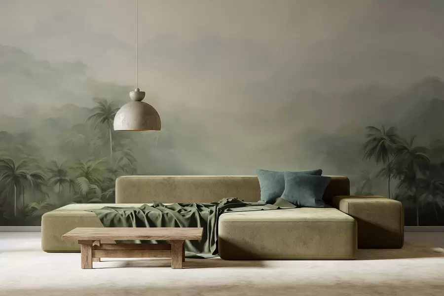 murais de parede Paisagem de Gungle com palmeiras verdejantes e colinas ondulantes, cores pastel suaves, imitação de pintura texturada w09194