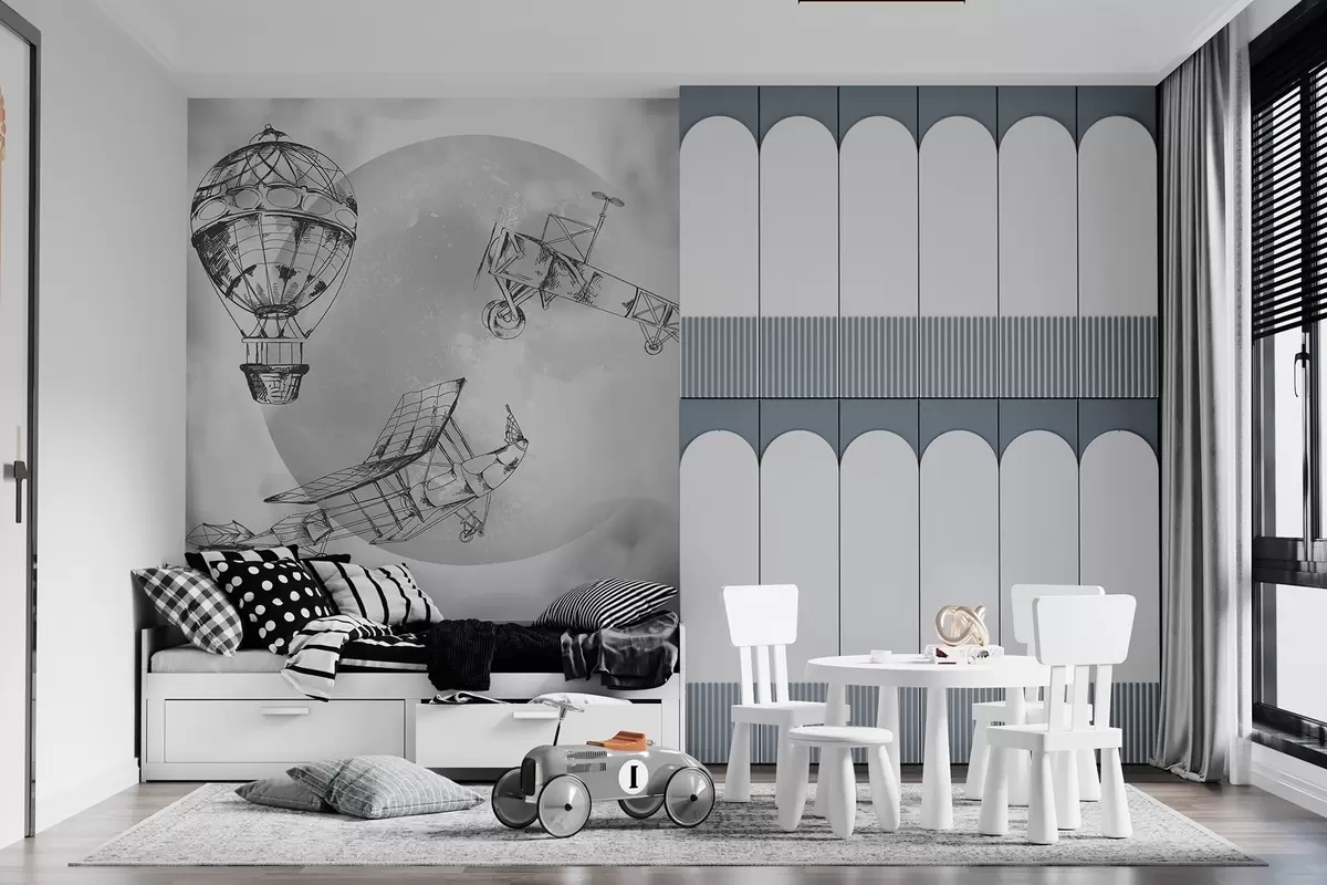 murais de parede Aviões retro contra o fundo da lua e das nuvens w04085