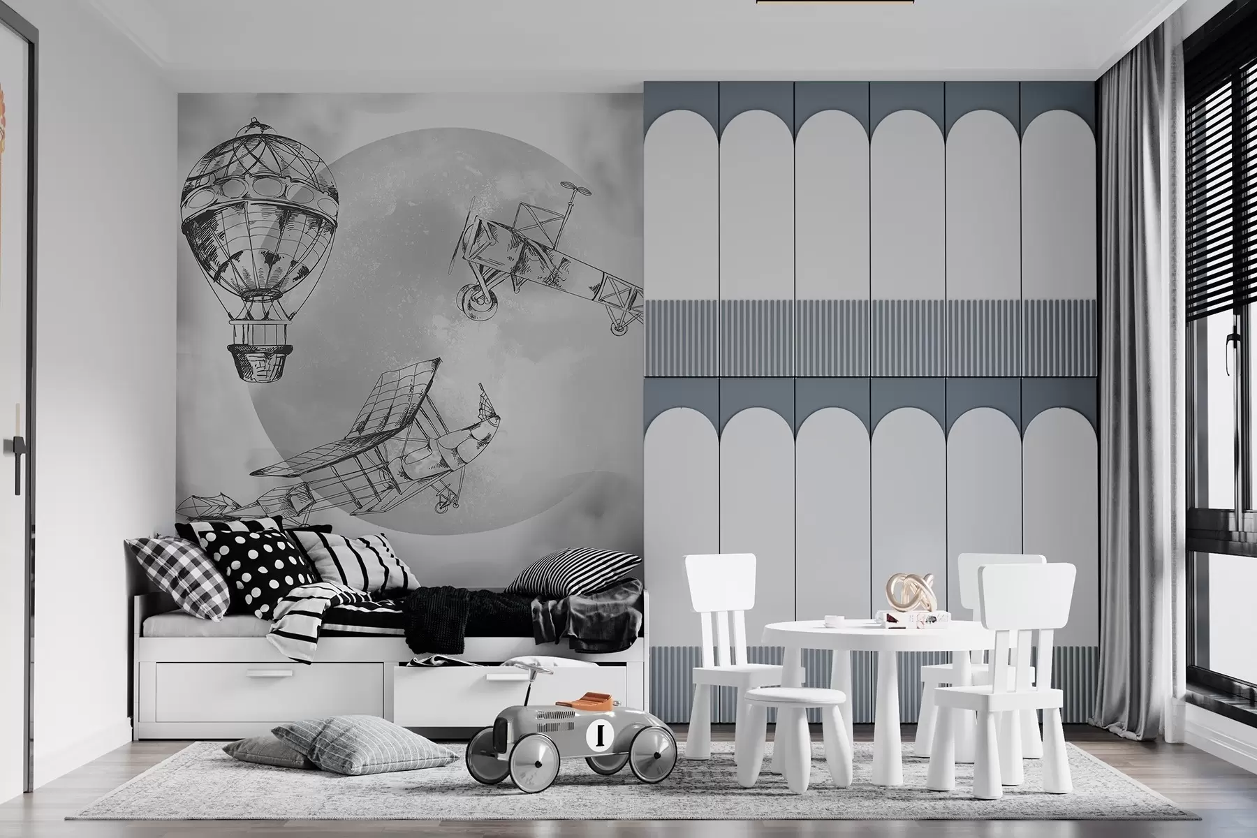 murais de parede Aviões retro contra o fundo da lua e das nuvens w04085