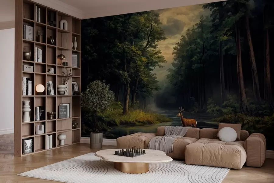 murais de parede Floresta com veados e rio ao estilo de uma pintura a óleo holandesa w04072