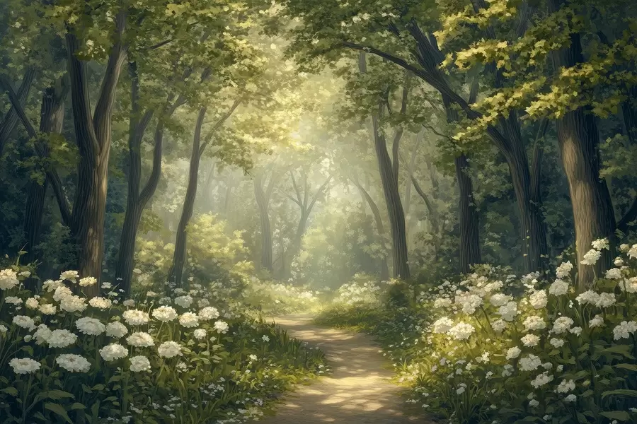 murais de parede Caminho na floresta verde, flores brancas, luz do sol, desenho em acrílico w04119