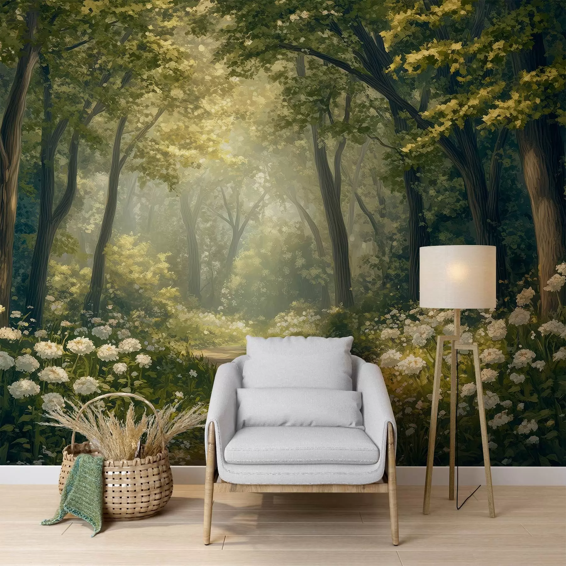 murais de parede Caminho na floresta verde, flores brancas, luz do sol, desenho em acrílico w04119