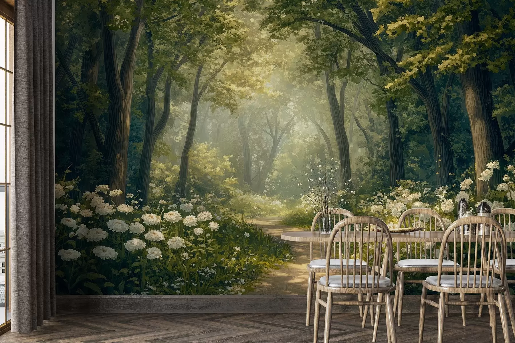 murais de parede Caminho na floresta verde, flores brancas, luz do sol, desenho em acrílico w04119