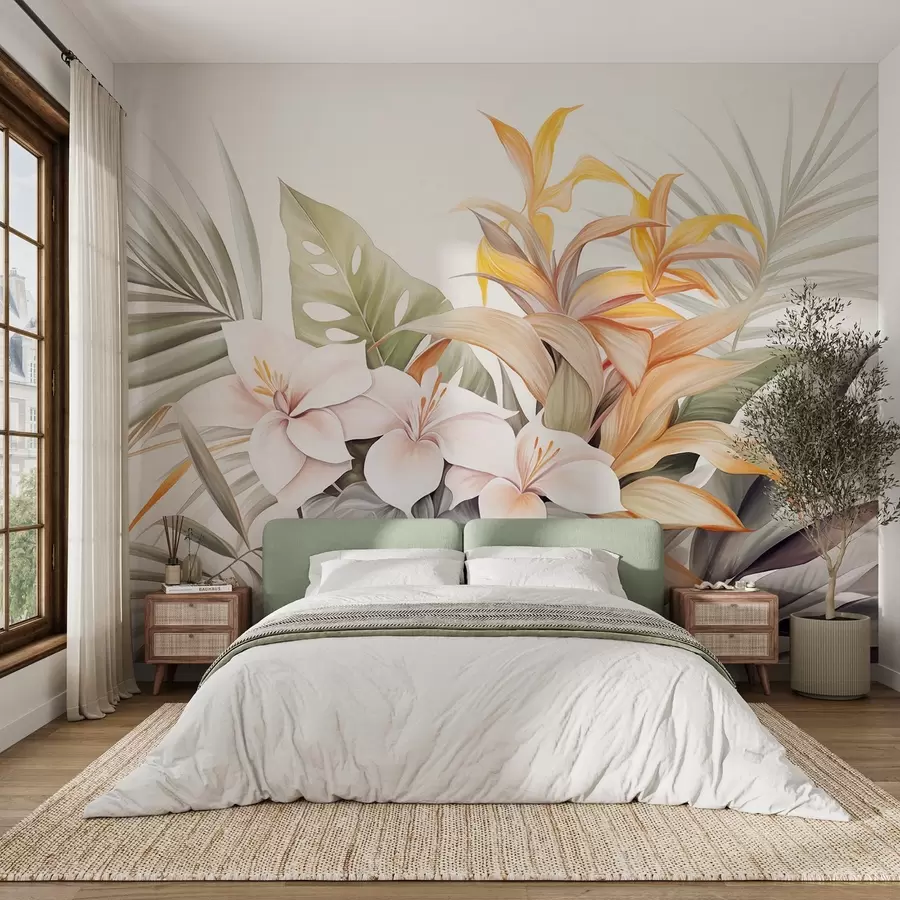 murais de parede Ilustração botânica de flores tropicais com folhas de palmeira e monstera, cores suaves, estilo aguarela w09201