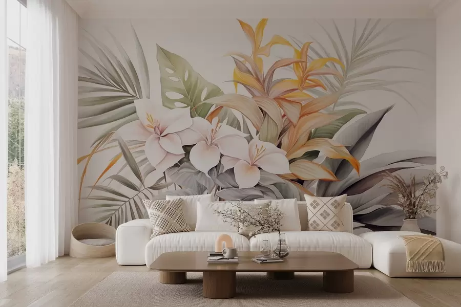 murais de parede Ilustração botânica de flores tropicais com folhas de palmeira e monstera, cores suaves, estilo aguarela w09201