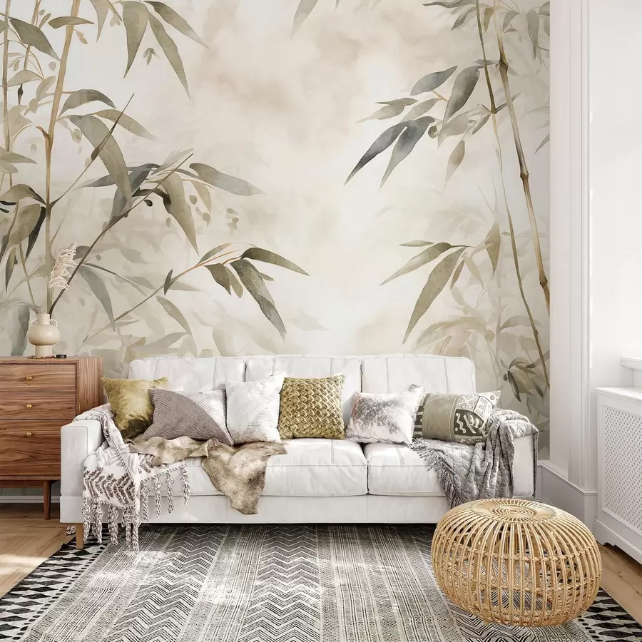 murais de parede Ramos texturizados de bambu com folhas em estilo aguarela, paleta de cores suaves e neutras, fundo bege claro w09204
