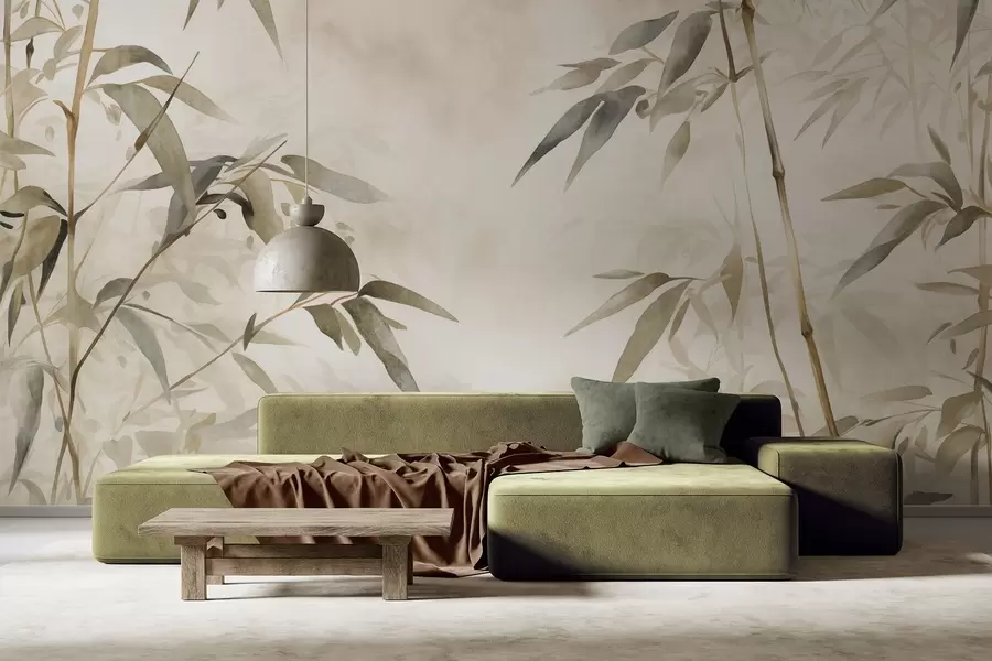 murais de parede Ramos texturizados de bambu com folhas em estilo aguarela, paleta de cores suaves e neutras, fundo bege claro w09204