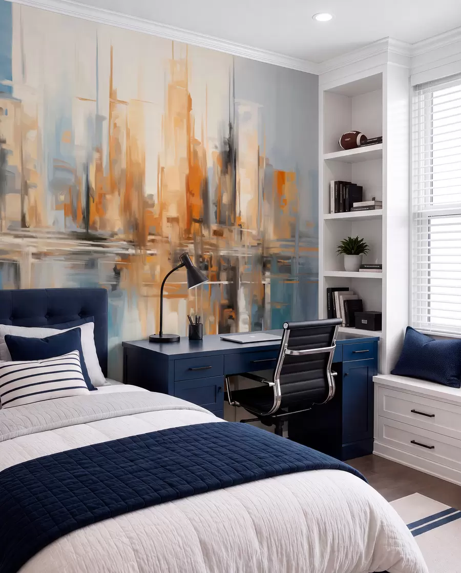 murais de parede Paisagem urbana abstrata texturada com edifícios altos em tons de laranja, azul e branco, reflectidos na água w09207