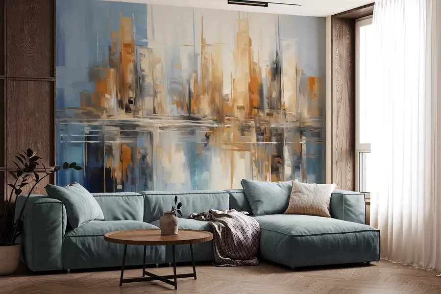 murais de parede Paisagem urbana abstrata texturada com edifícios altos em tons de laranja, azul e branco, reflectidos na água w09207