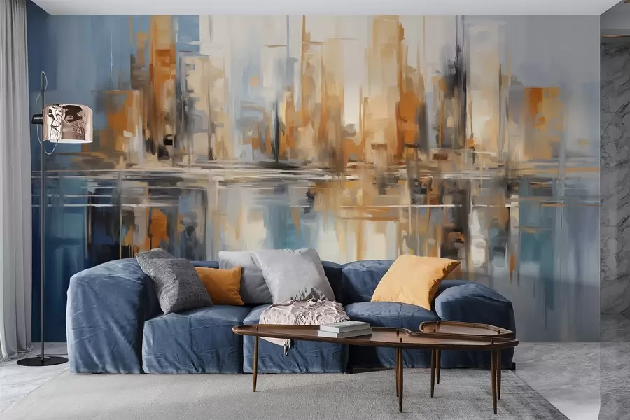 murais de parede Paisagem urbana abstrata texturada com edifícios altos em tons de laranja, azul e branco, reflectidos na água w09207