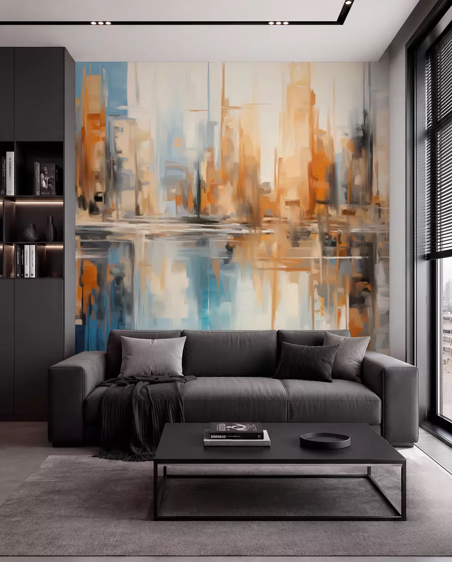 murais de parede Paisagem urbana abstrata texturada com edifícios altos em tons de laranja, azul e branco, reflectidos na água w09207