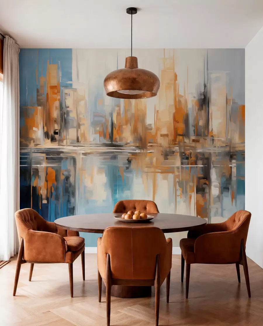 murais de parede Paisagem urbana abstrata texturada com edifícios altos em tons de laranja, azul e branco, reflectidos na água w09207