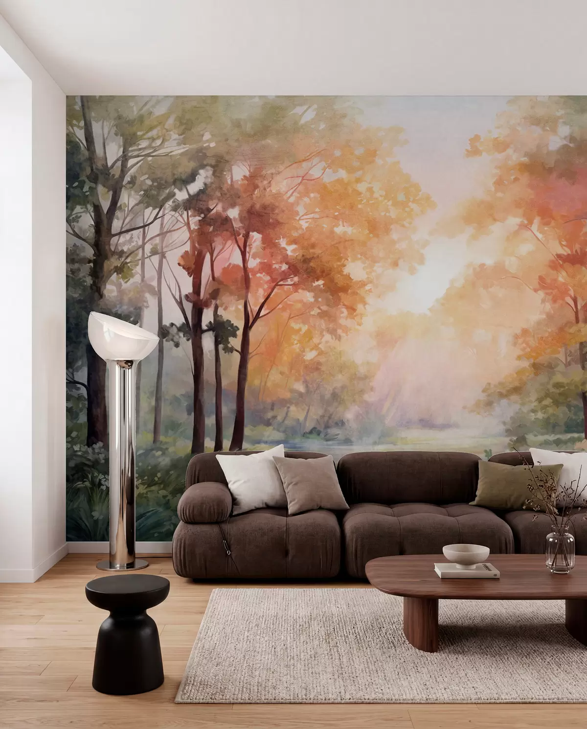 murais de parede Paisagem florestal texturada, árvores com folhas cor de laranja e verdes, paleta de cores pastel w09210v1