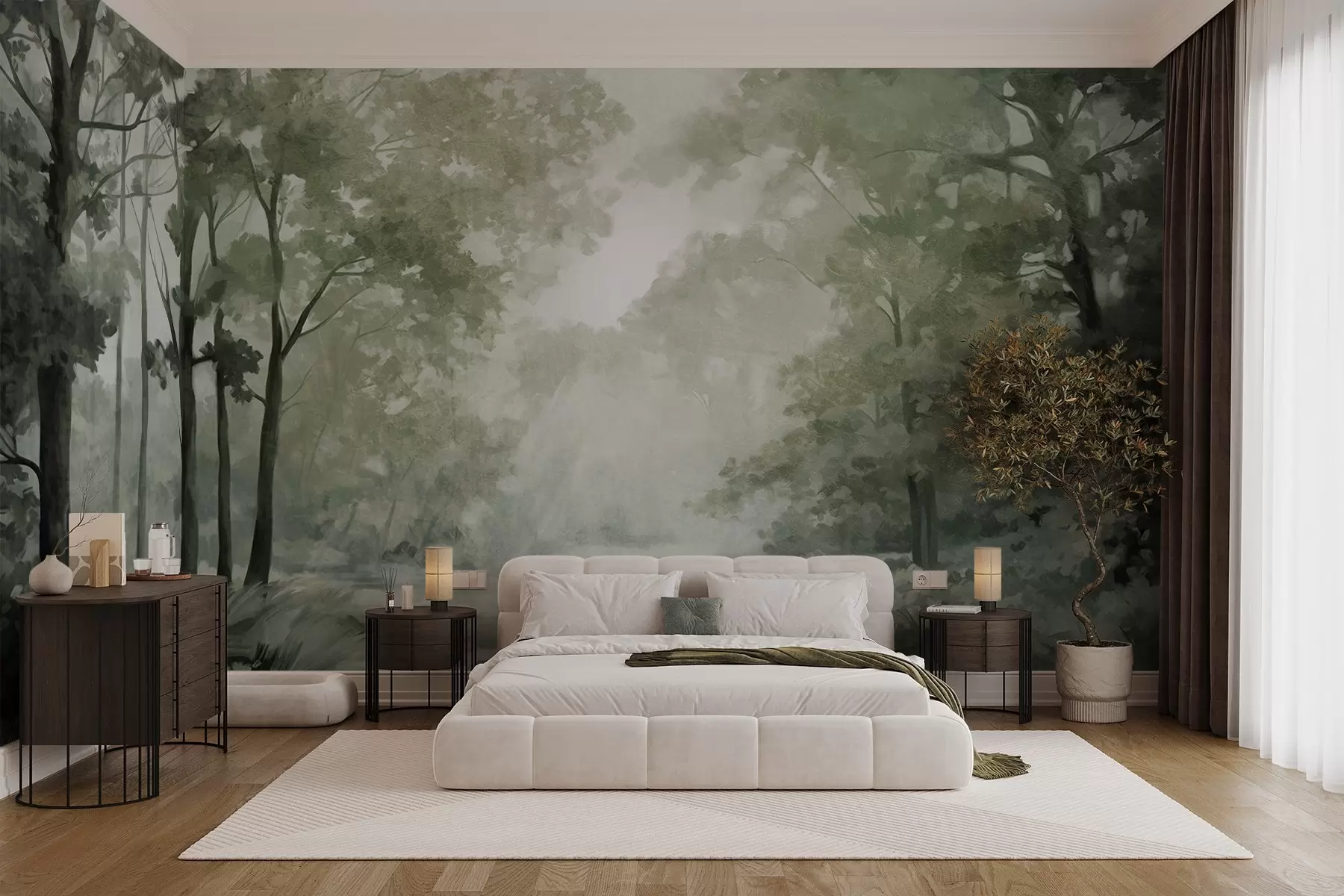murais de parede Paisagem florestal texturada, árvores com folhas verdes, paleta de cores pastel w09210v2
