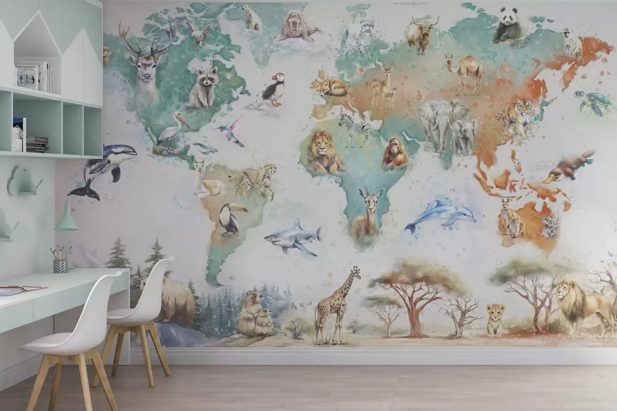 murais de parede Mapa-mundo com animais, estilo de ilustração educativa para crianças w04148